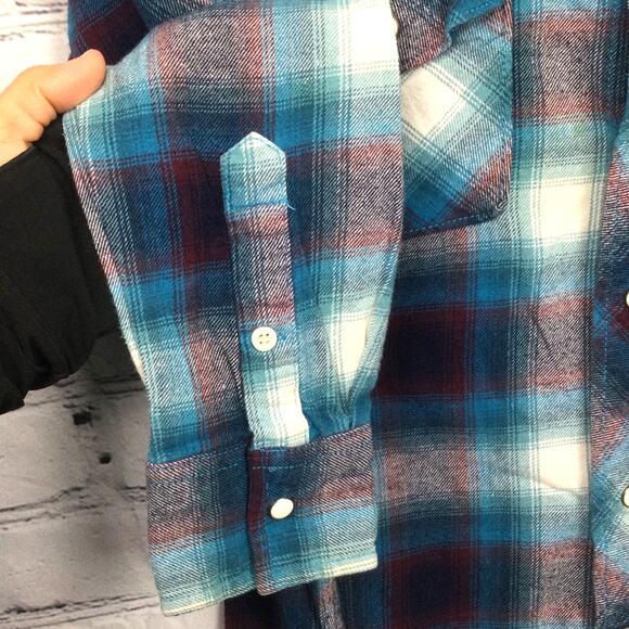 Roebuck and Co Western Pearl Snap Cowboy Rodeo Blue Plaid Flannel Shirt Men's S - Picture 5 of 13
